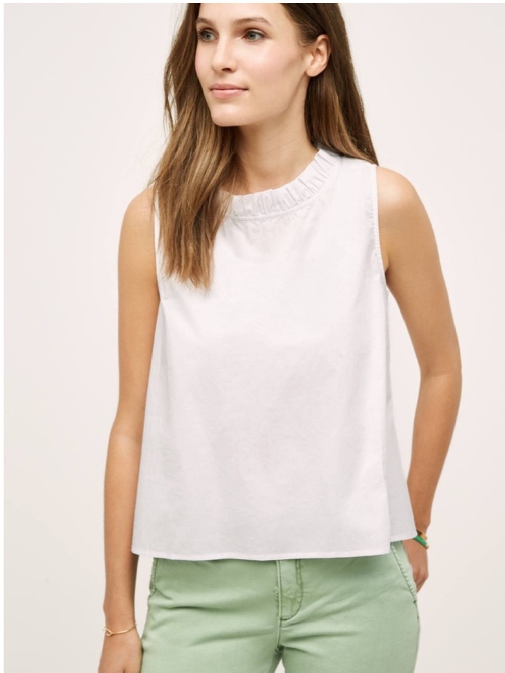 Anthropologie HD in Paris Tulip Sleeveless Ruffle Neck Tank in White